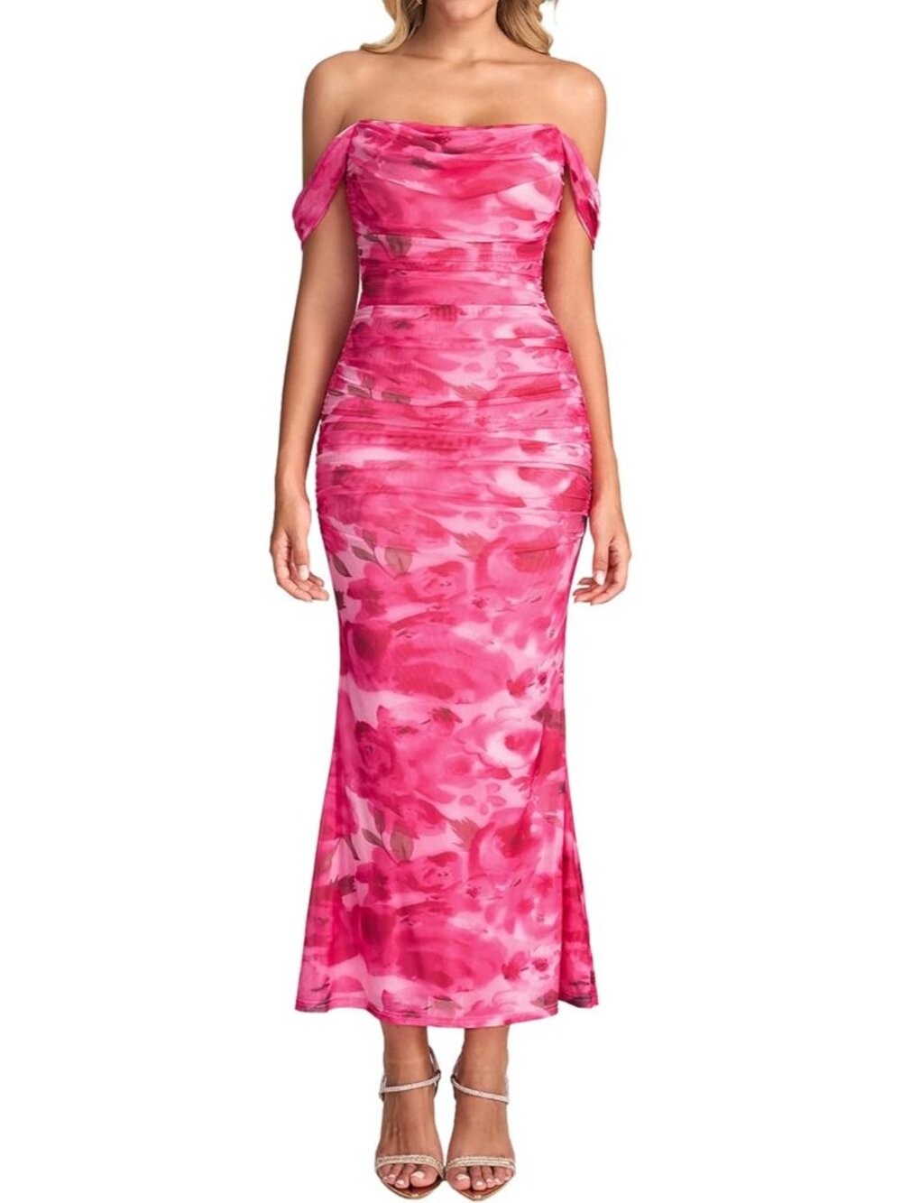 Women's Red Pink Corset Ruched Off The Shoulder Bodycon Cocktail Maxi Dress